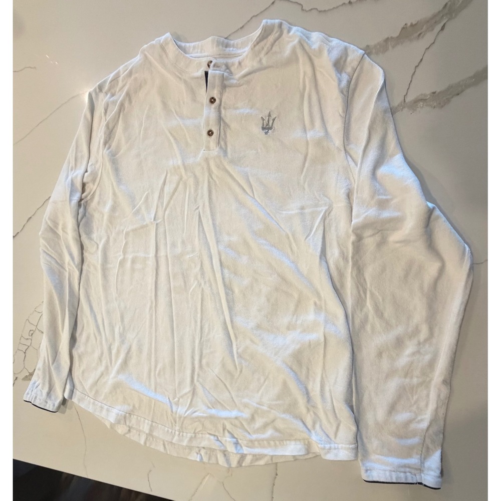 Maserati Mens XL White Long Sleeve Henley Shirt Trident Logo Embroidered XL